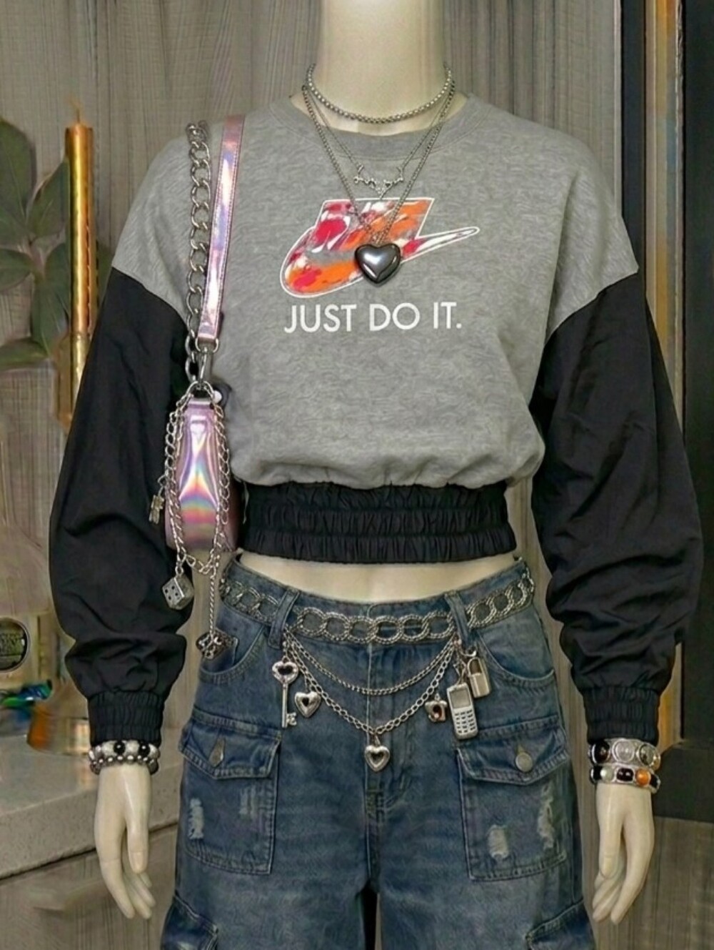 Nike "Just Do It" Color-Swoosh Sweatshirt - Gray Black - Women's Medium